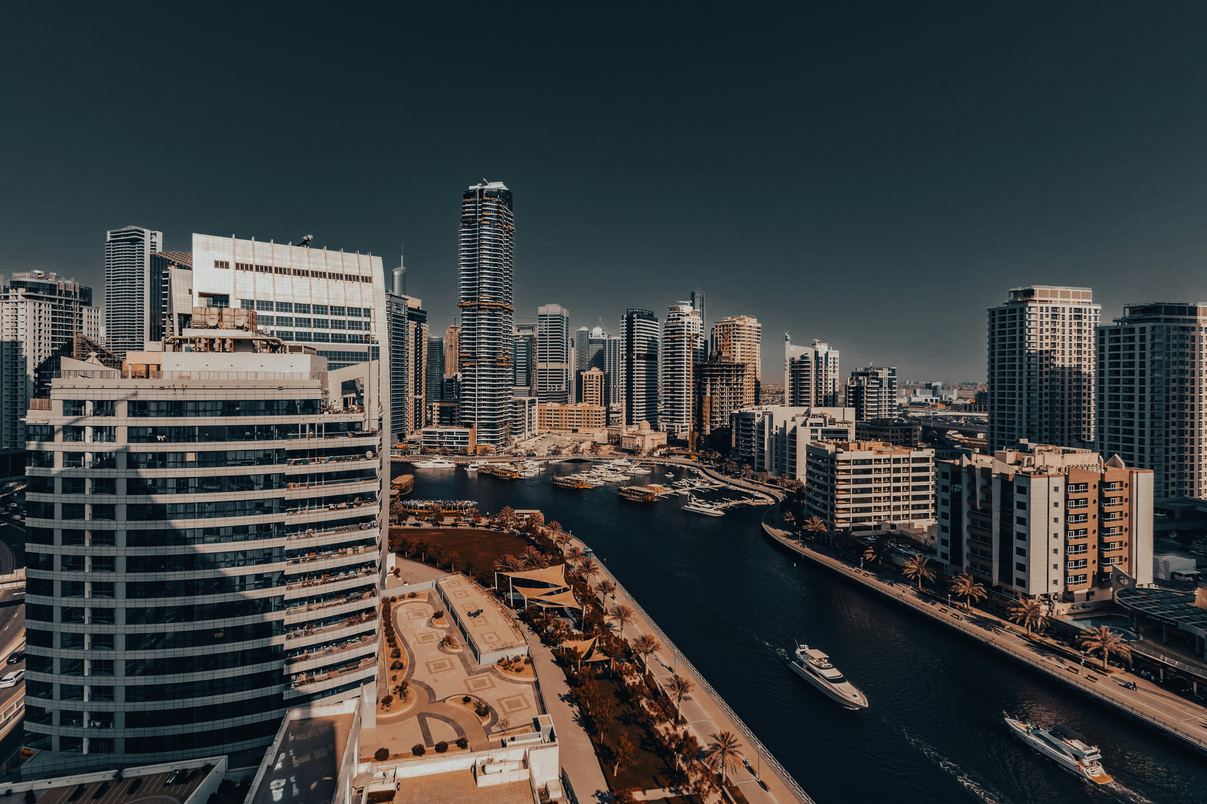 An aerial view of a city with a river running through it