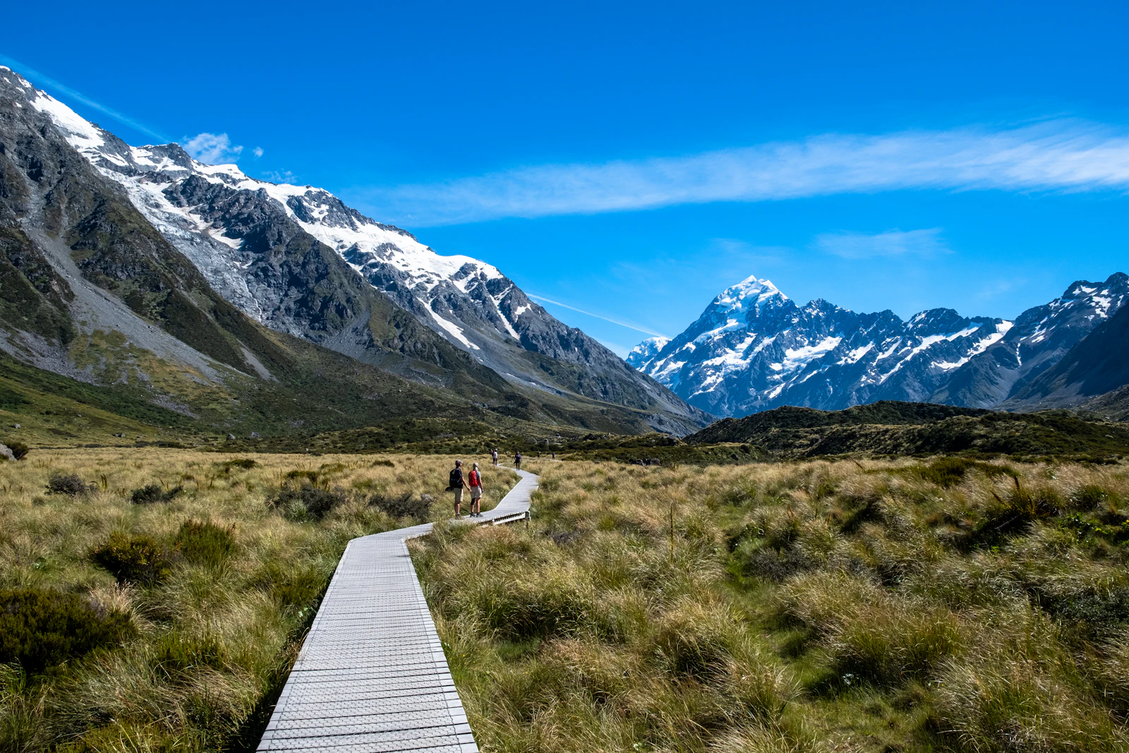 Wooden boardwalk on the Hooker Valley Track in Mt Cook National Park