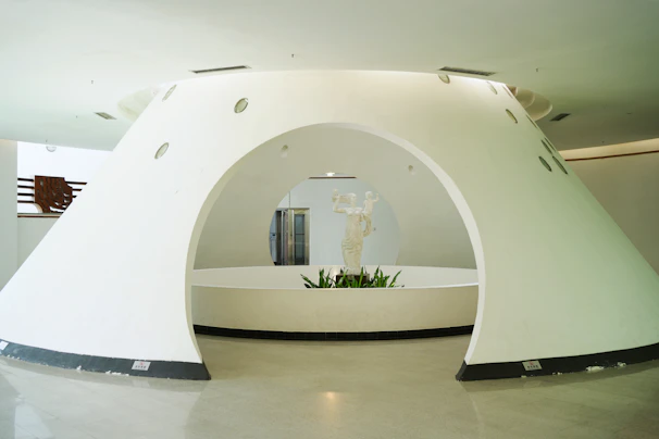 A white circular room with a plant in the center