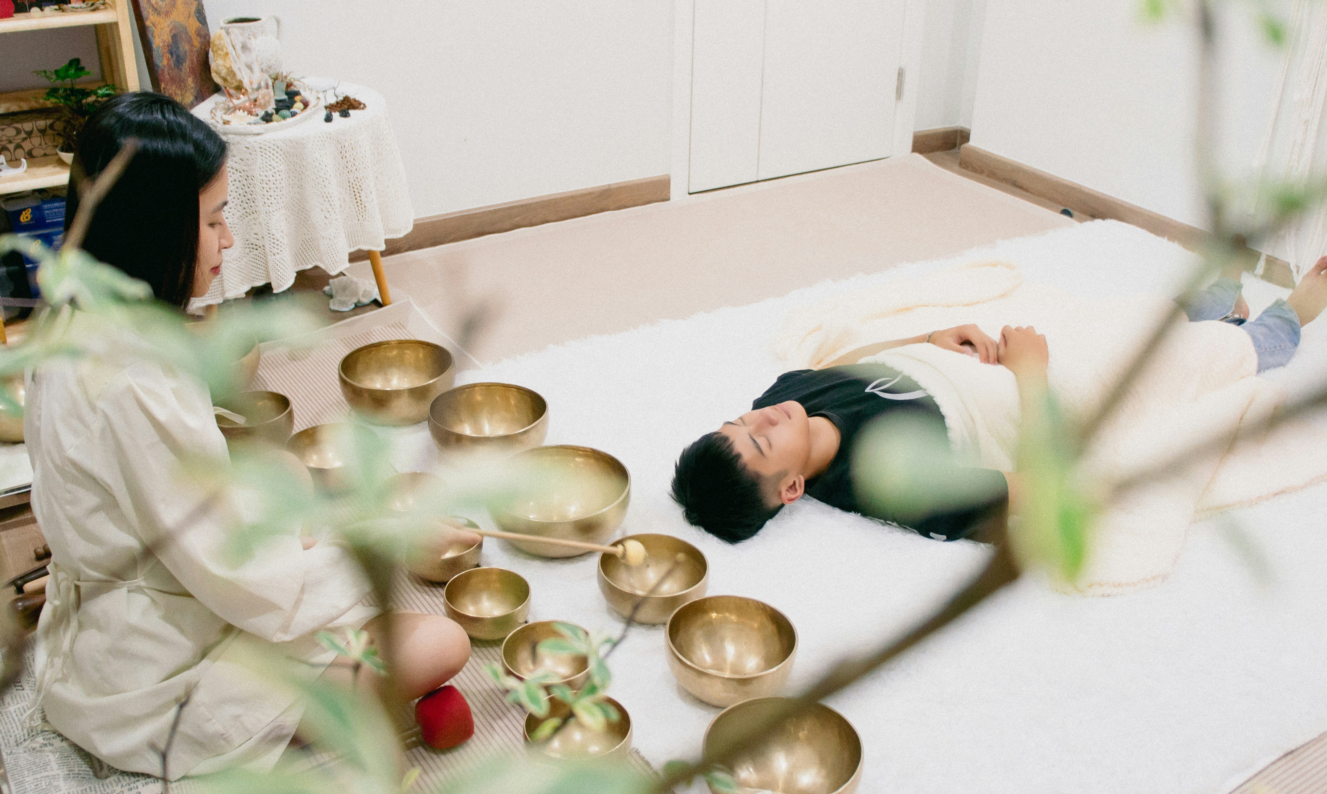 A man laying on the floor in a room