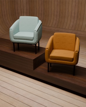 A couple of chairs sitting on top of a wooden platform
