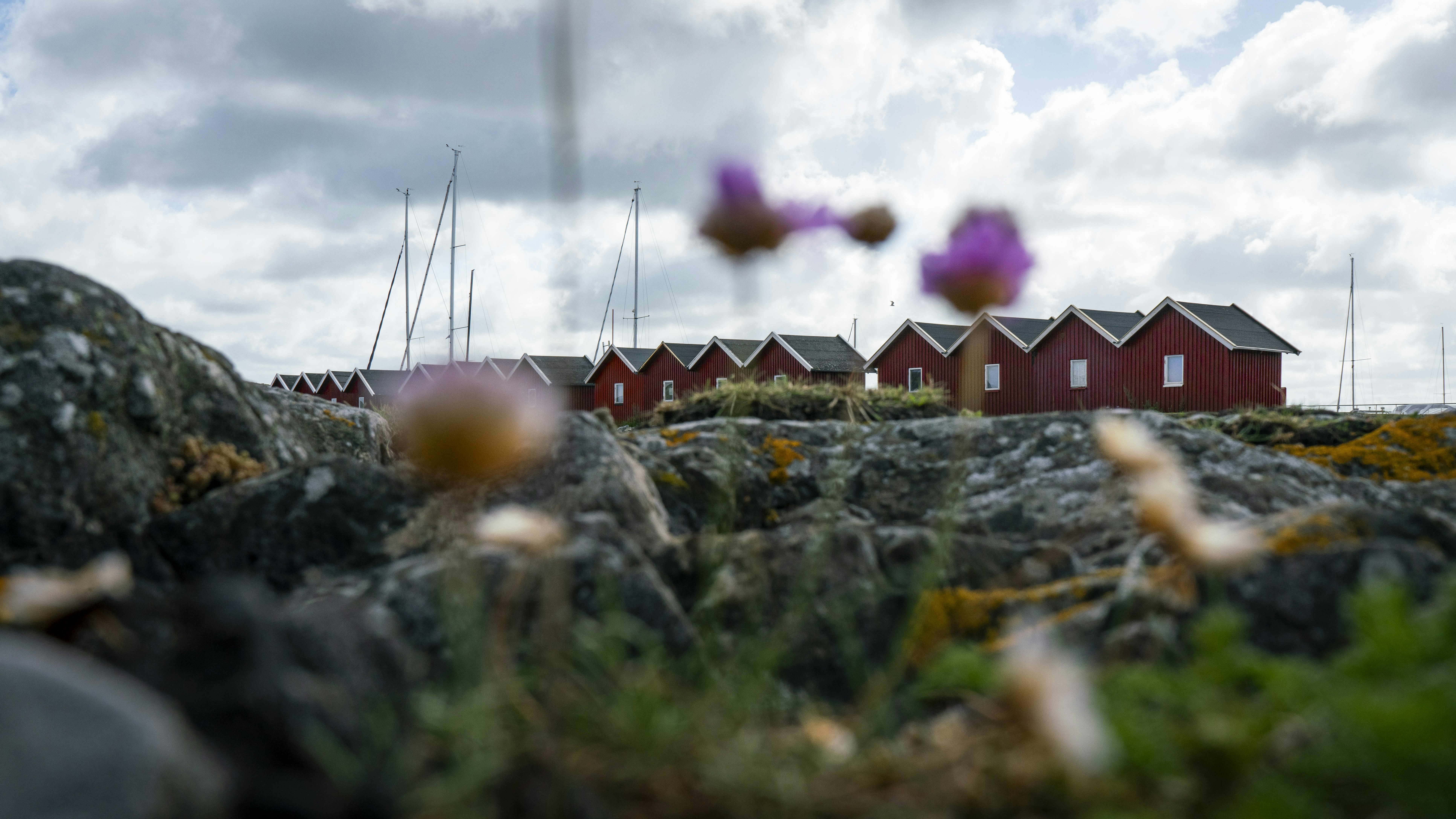 A red house sitting on top of a lush green field