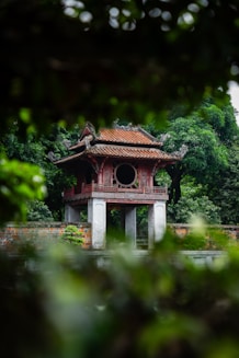 A pagoda in a park surrounded by trees
