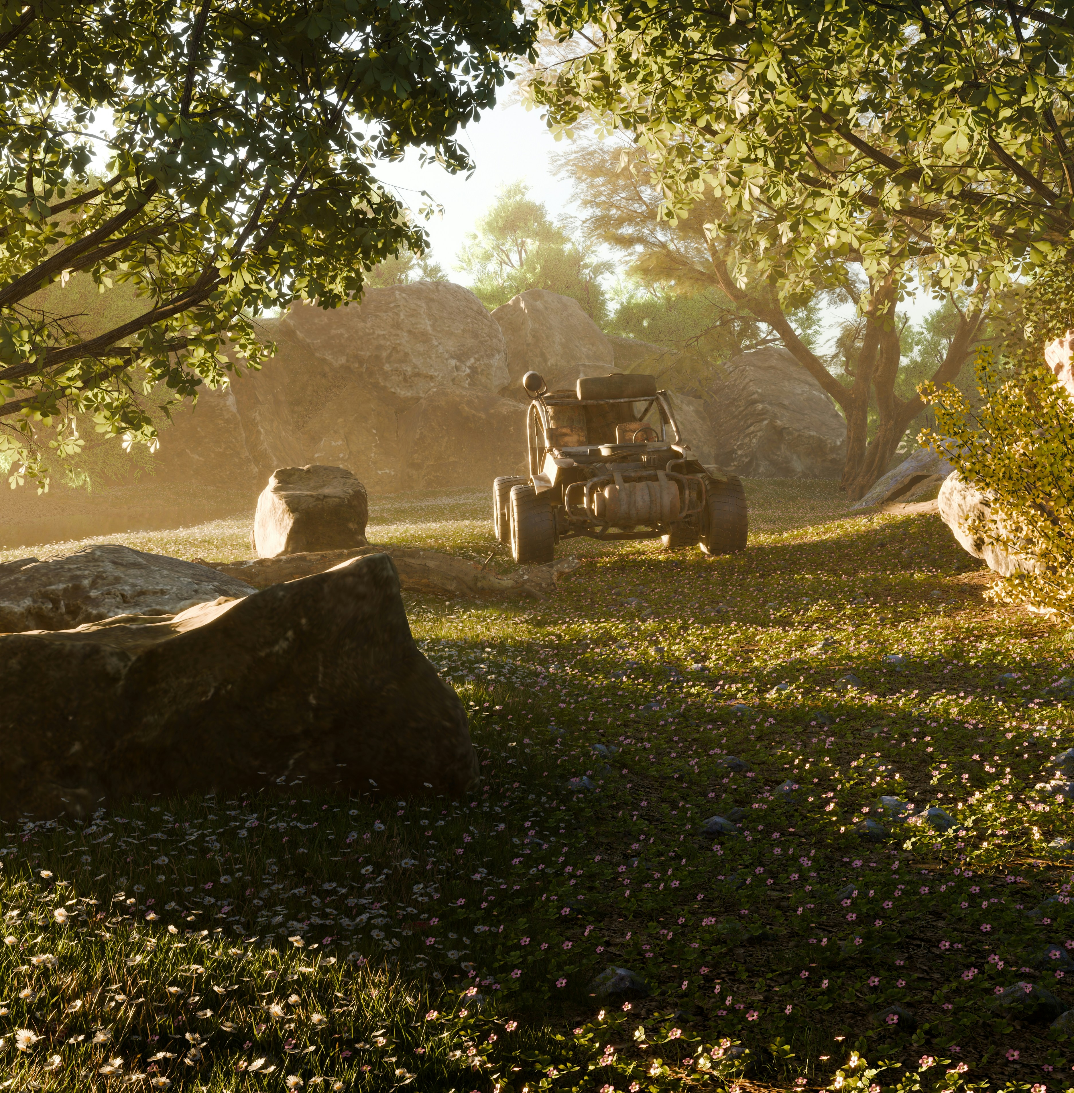 A jeep driving through the woods on a sunny day