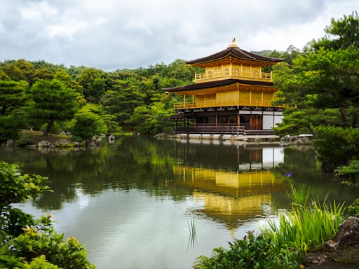 A golden building sitting on top of a lush green forest