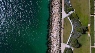 An aerial view of a large body of water