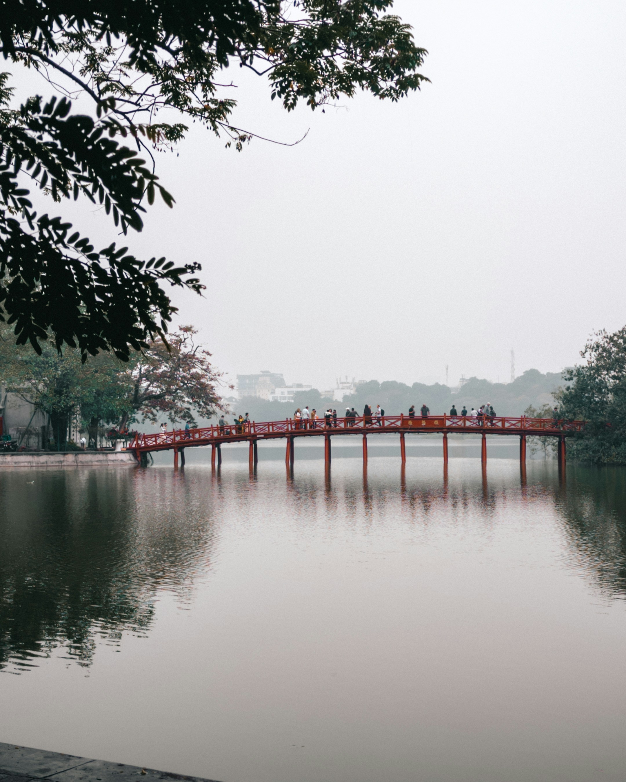 A bridge over a body of water surrounded by trees