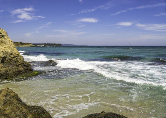 A view of the ocean from a rocky shore