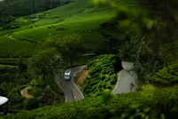 A car driving down a road surrounded by lush green hills