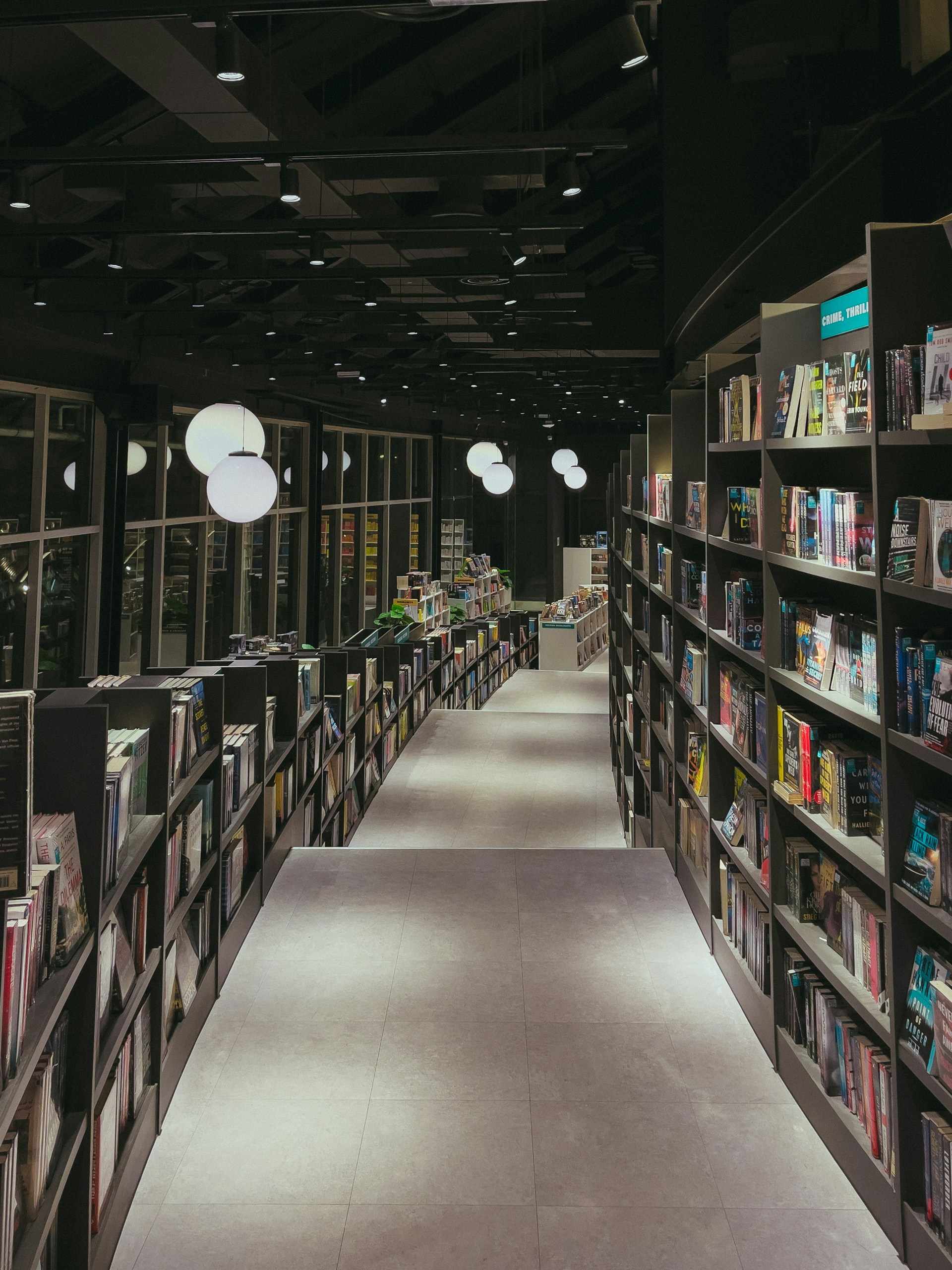 A long library filled with lots of books