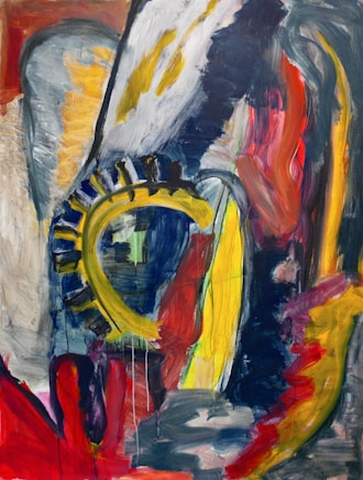 A painting of a bird on a red, yellow, and blue background