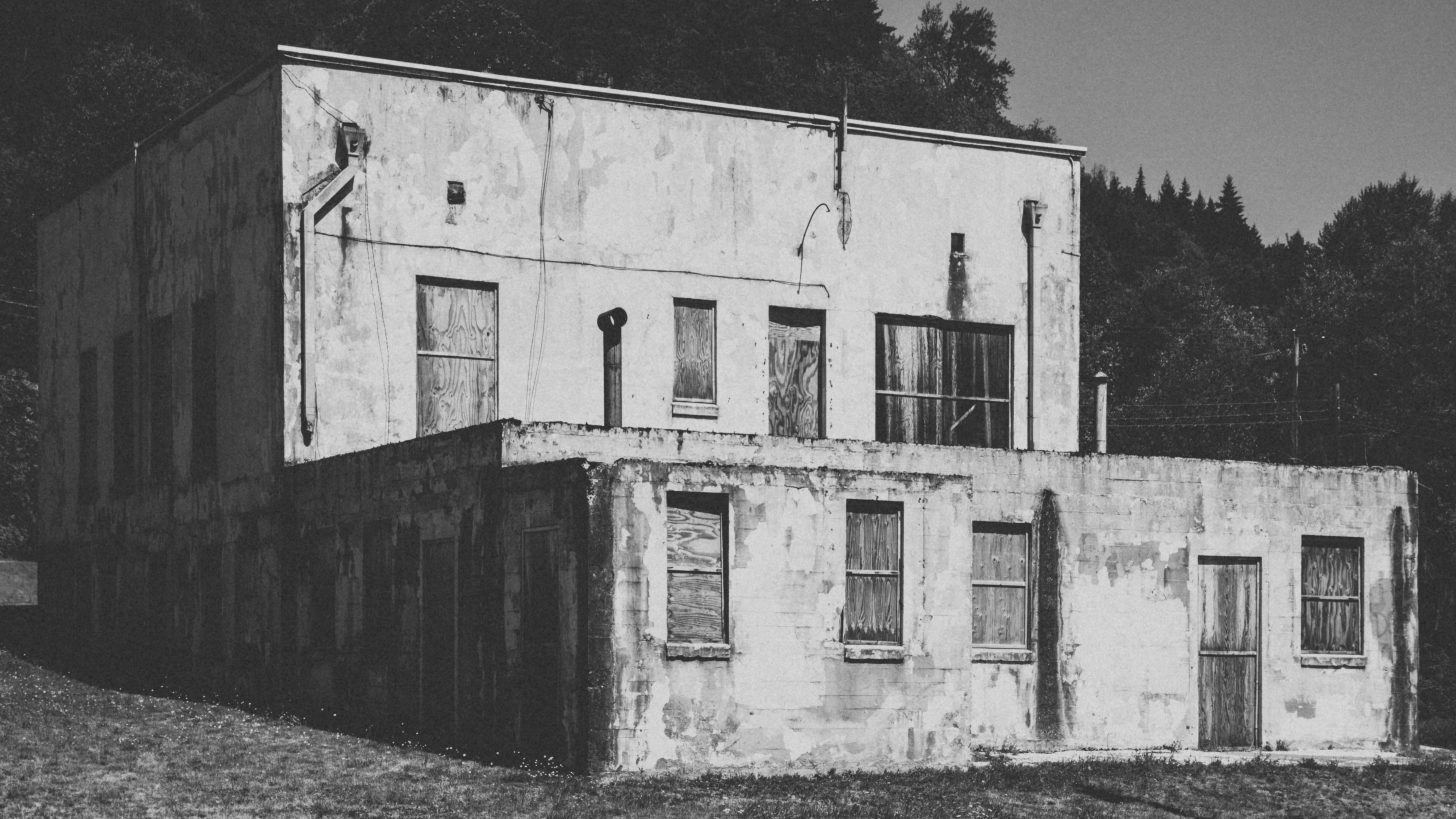 A black and white photo of an old building