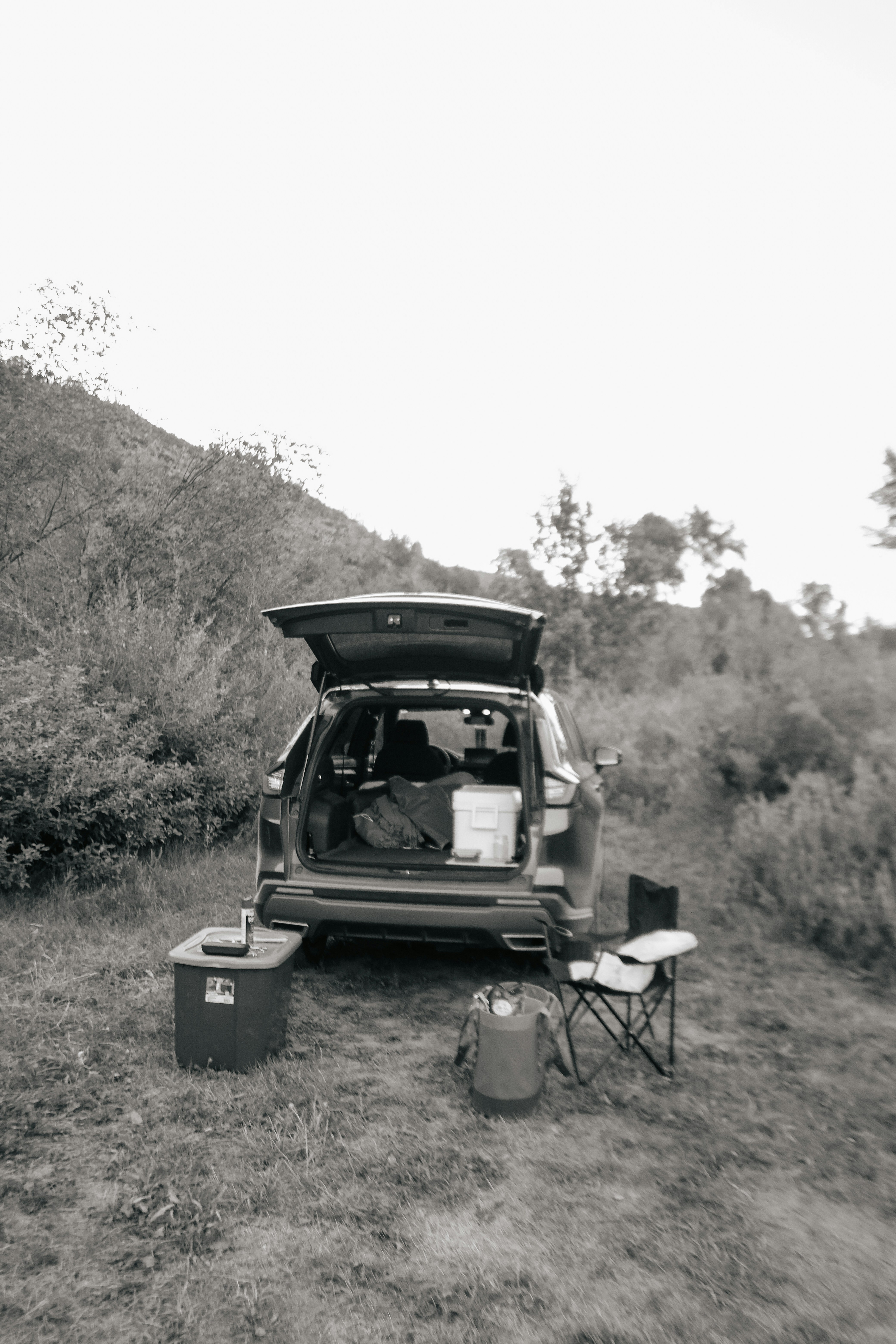 A car is parked in a field with its trunk open