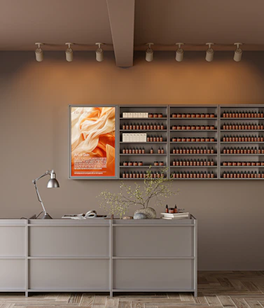 A room with a counter and a large poster on the wall