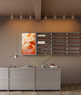 A room with a counter and a large poster on the wall