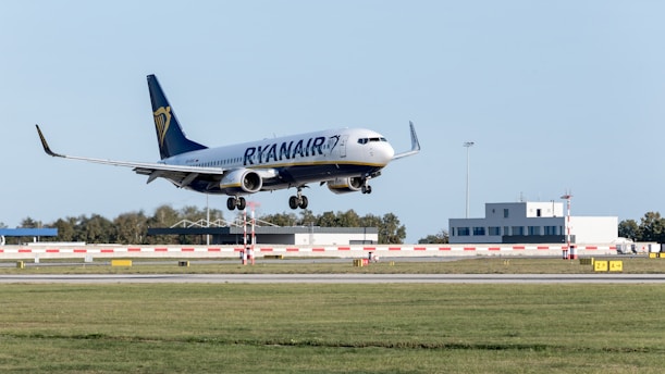 A large jetliner taking off from an airport runway