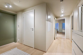 A hallway with a white door and a green wall