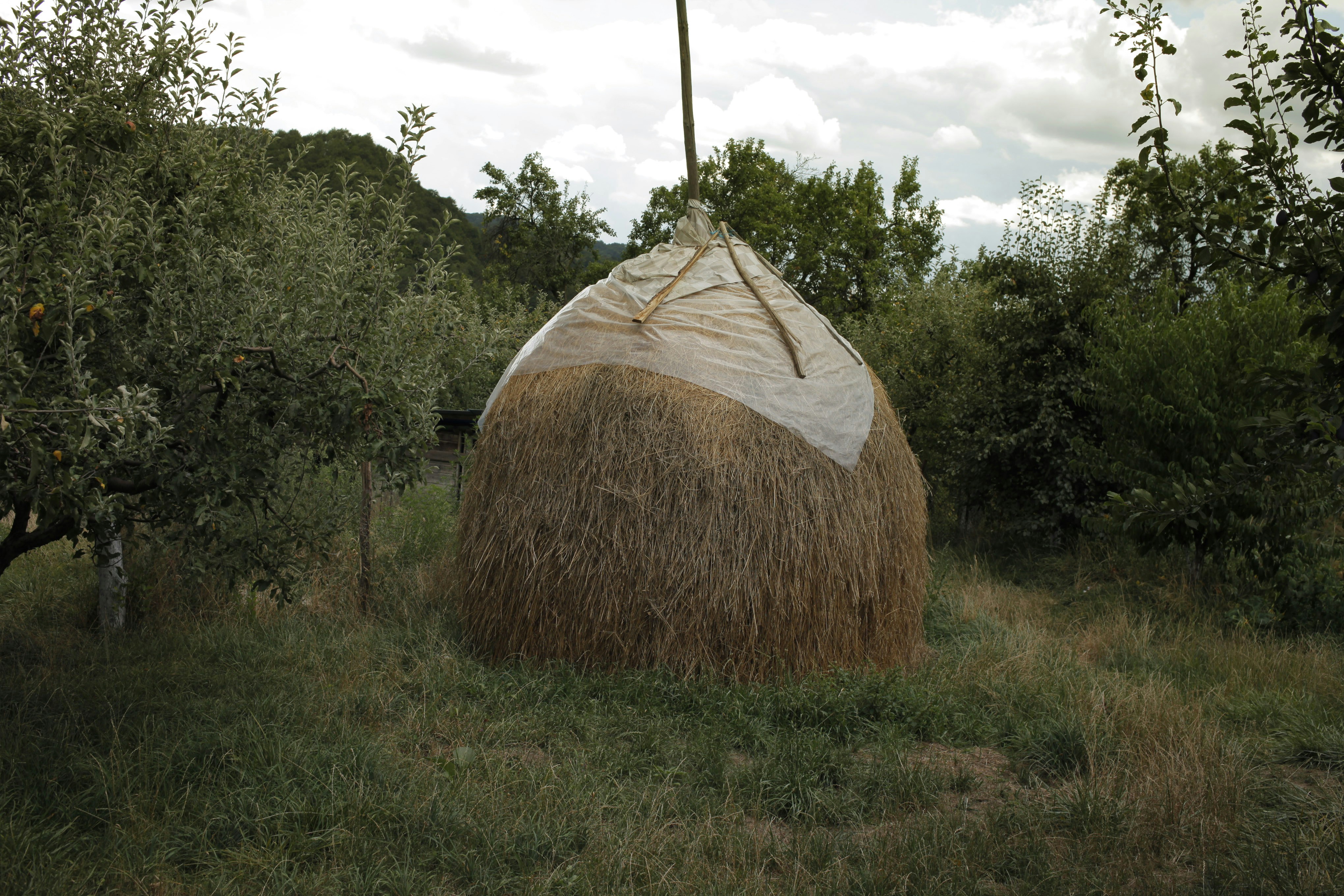 A large hay bale sitting in the middle of a field