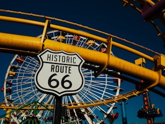 A close up of a street sign near a ferris wheel