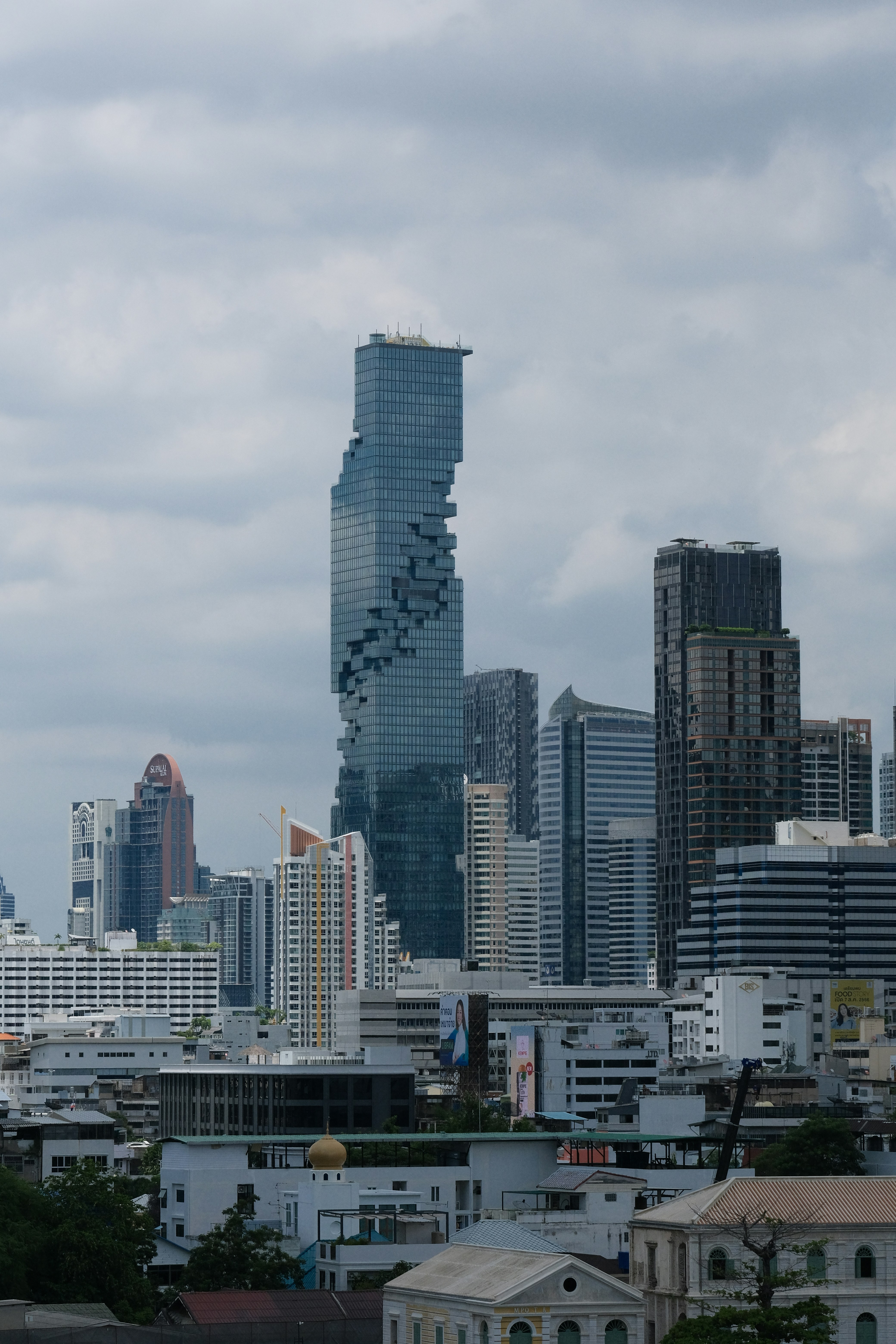 A view of a city skyline with tall buildings