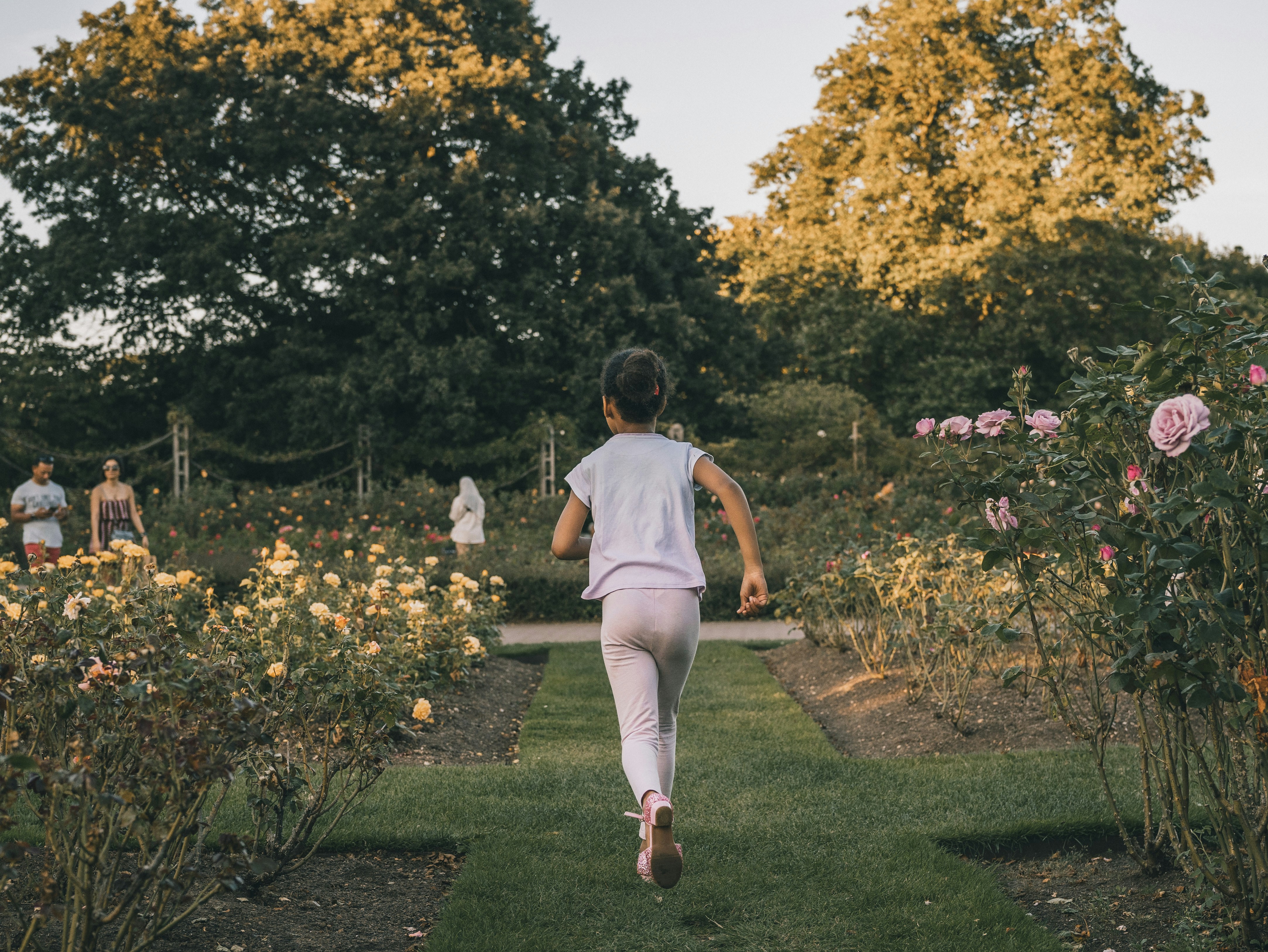 A woman walking through a lush green park