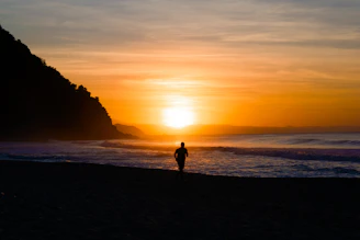A person standing on a beach at sunset