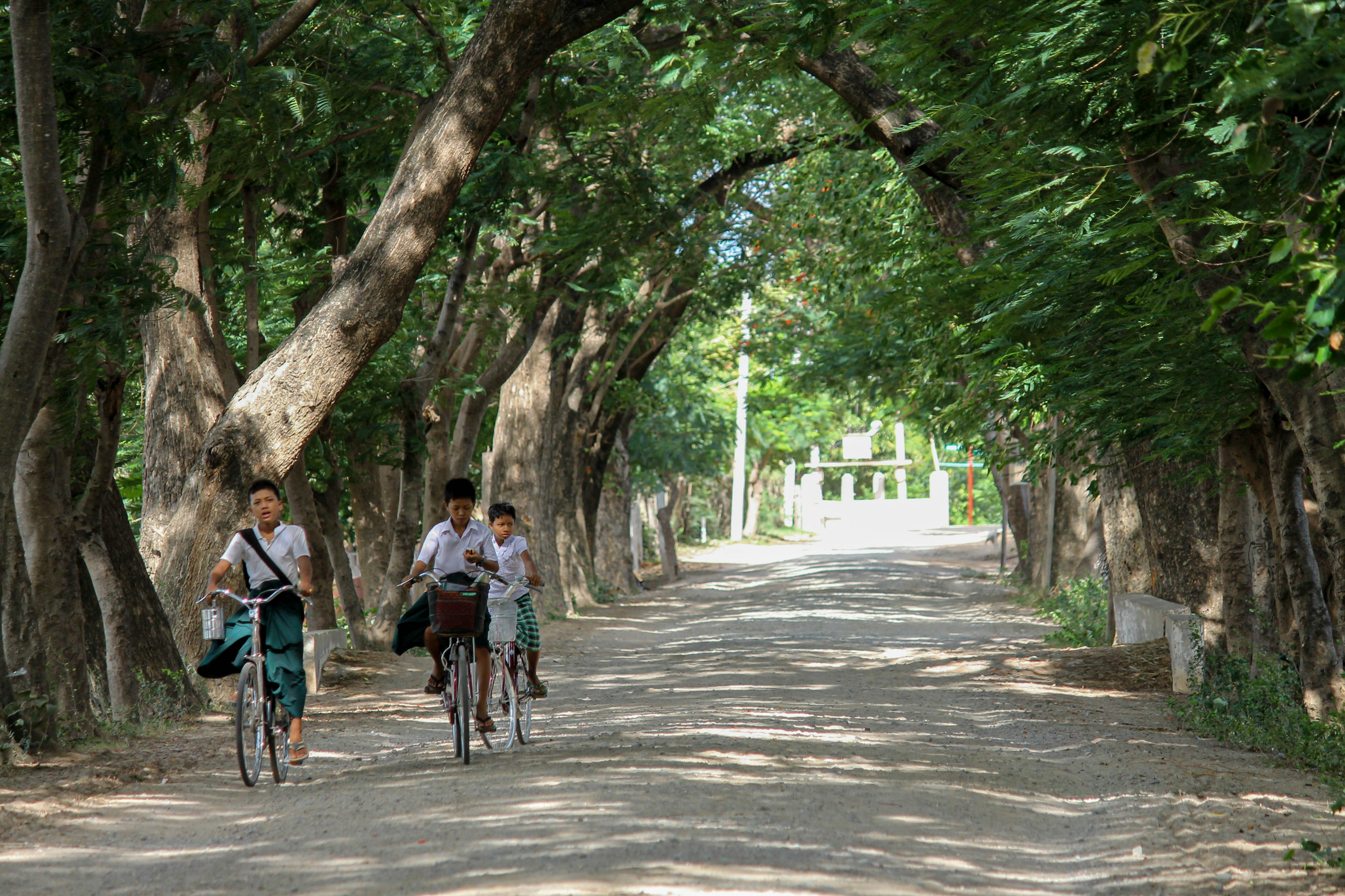 A couple of people riding bikes down a dirt road