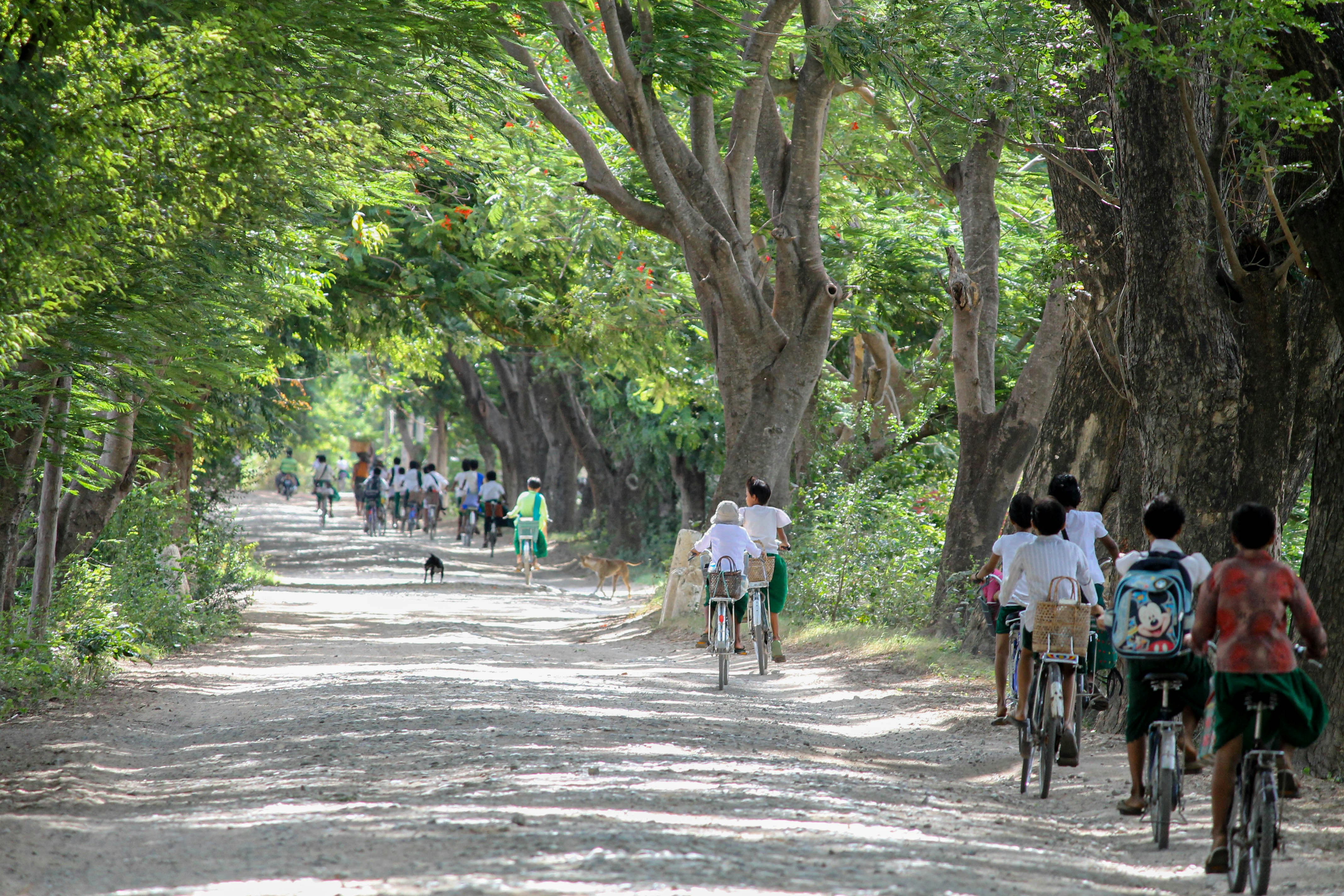 A group of people riding bikes down a dirt road