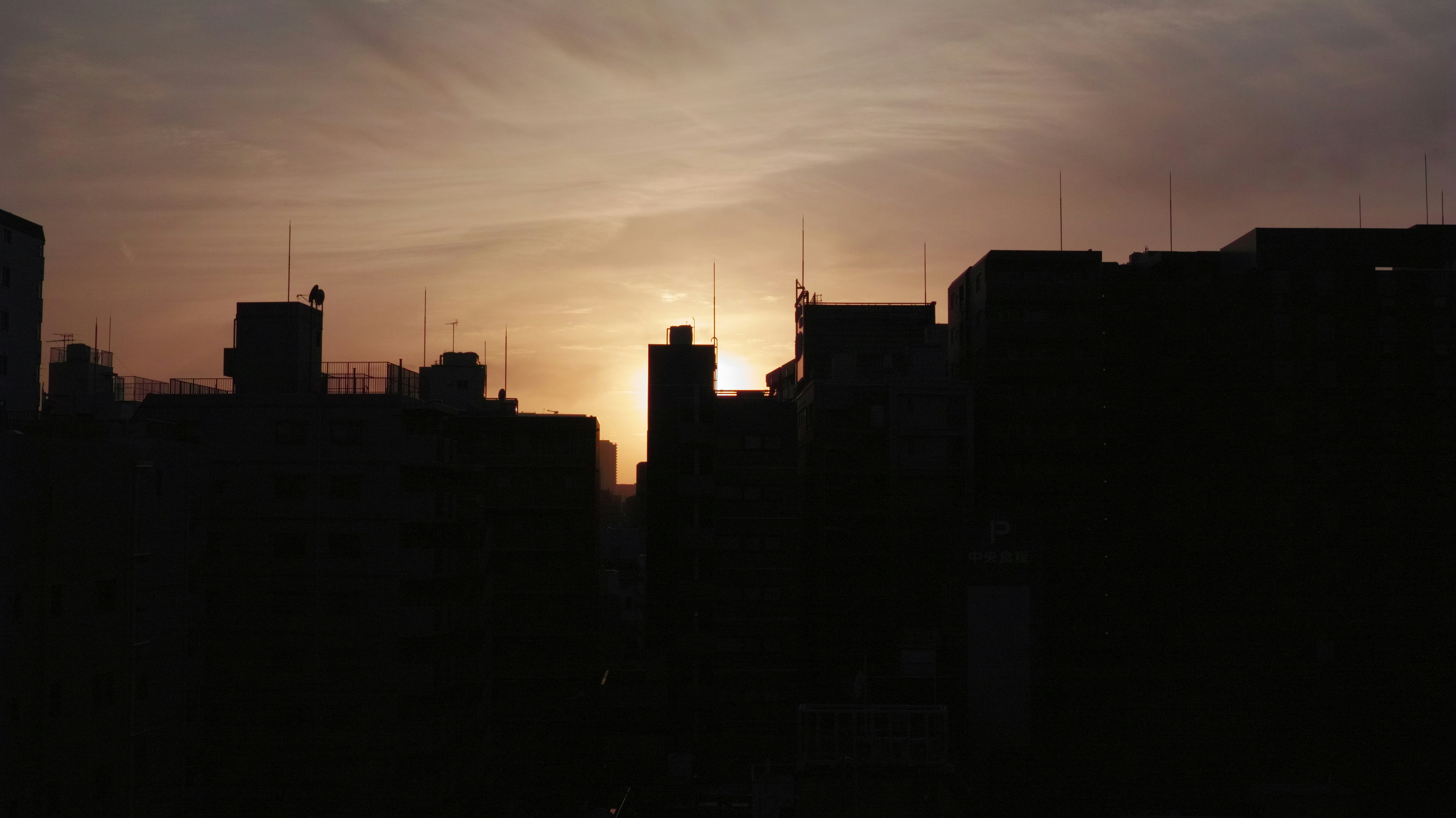 The sun is setting over a city with tall buildings