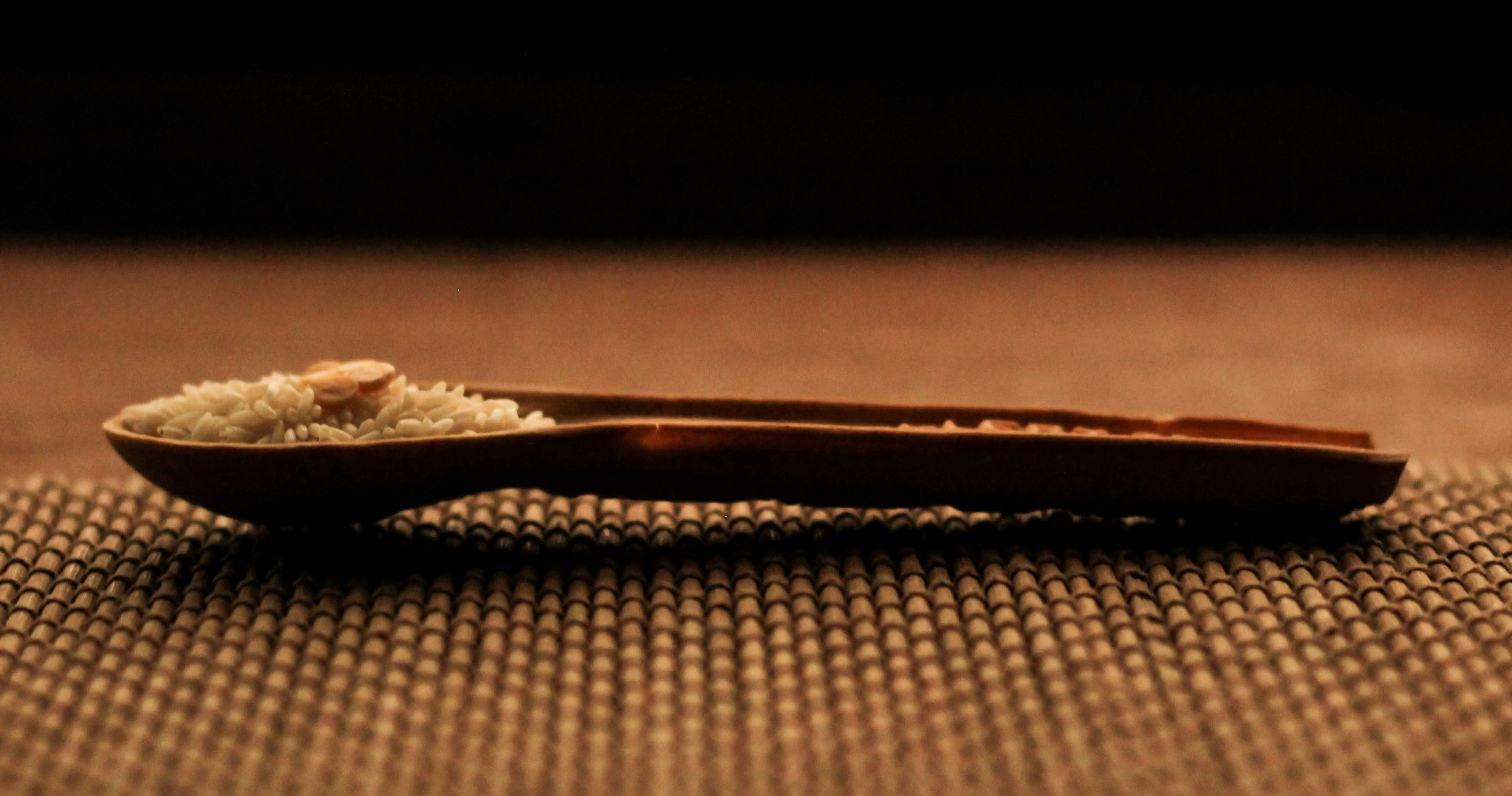 A wooden spoon with some food on it