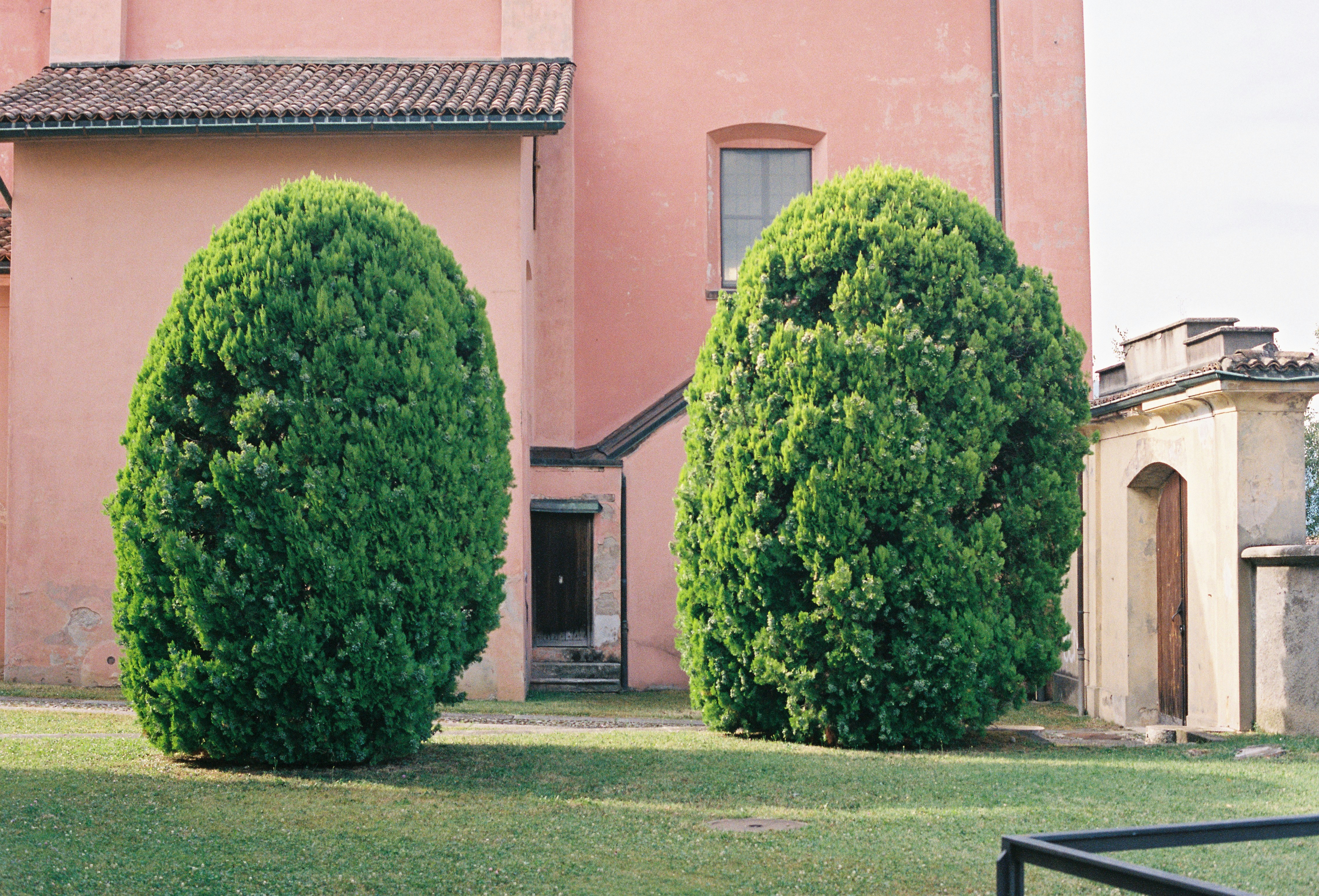 A large pink building with two trees in front of it