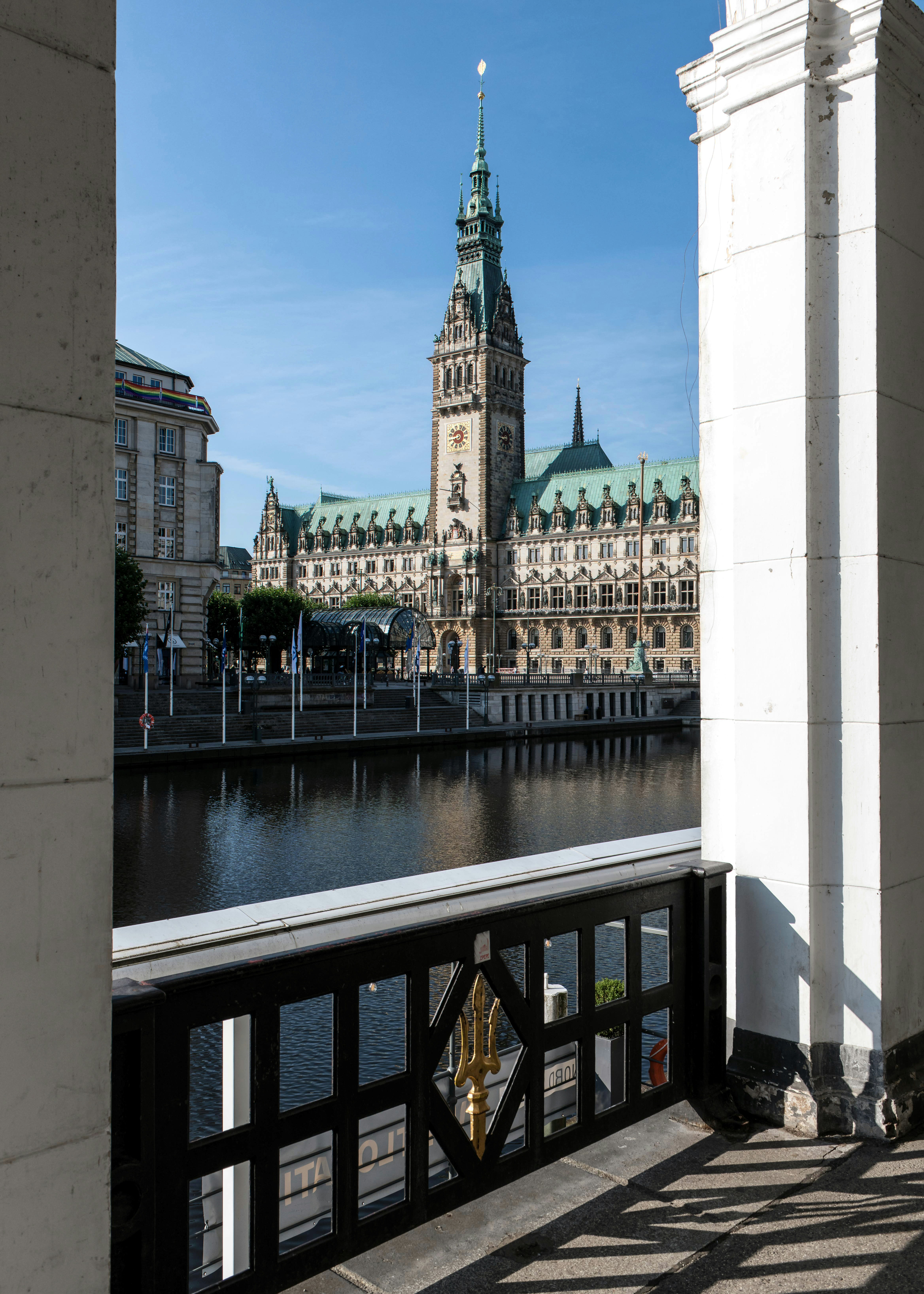 A view of a large building from a balcony