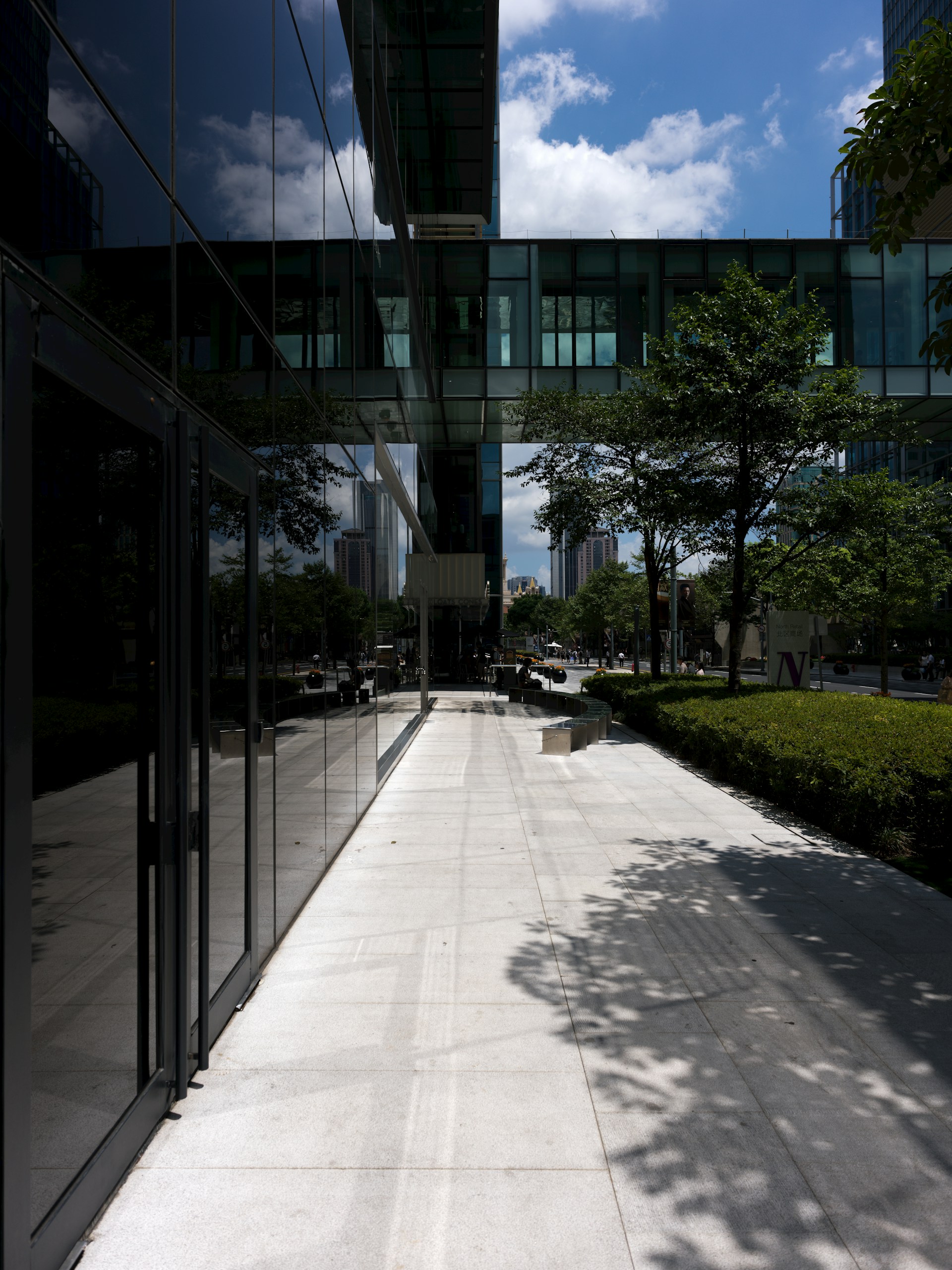 An empty sidewalk in front of a glass building