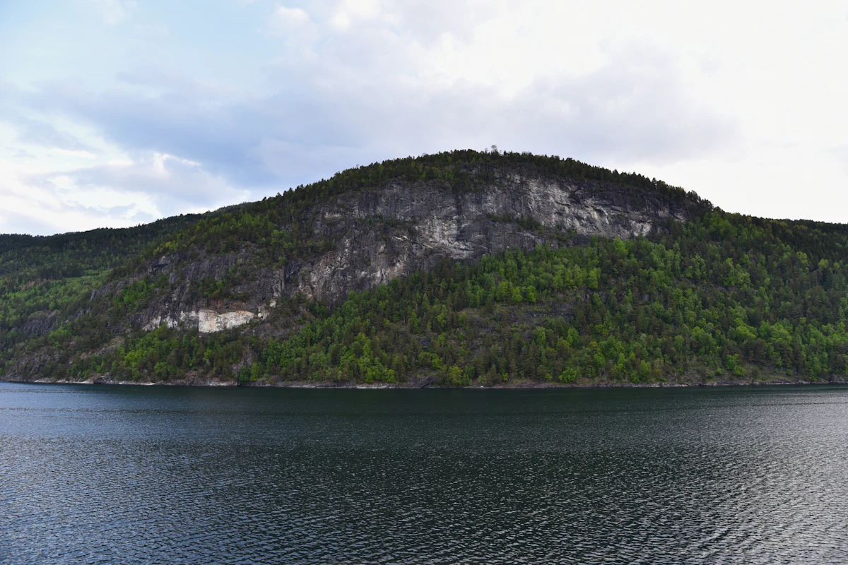 The calm water and steep green mountains of the fjord approaching Olden