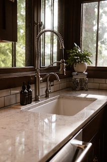 A kitchen sink sitting under a window next to a window