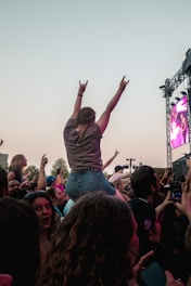 A crowd of people at a concert with their arms in the air