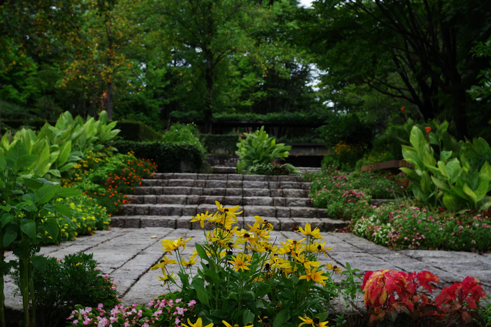 The image depicts a serene garden scene with a stone path winding through it, flanked by an array of colorful flowers and lush green plants. The path is bordered by a variety of plants, including yellow flowers that add a vibrant touch to the landscape. In the background, there are trees providing shade and adding depth to the scene. The image does not contain any discernible text or countable objects, making it an open space filled with natural beauty.