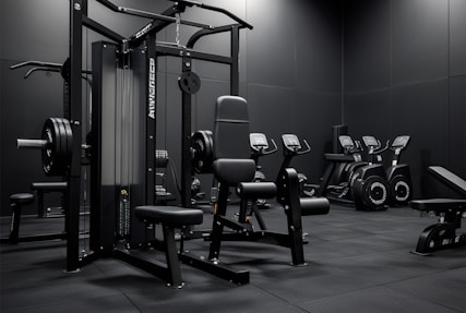 A black and white photo of a gym