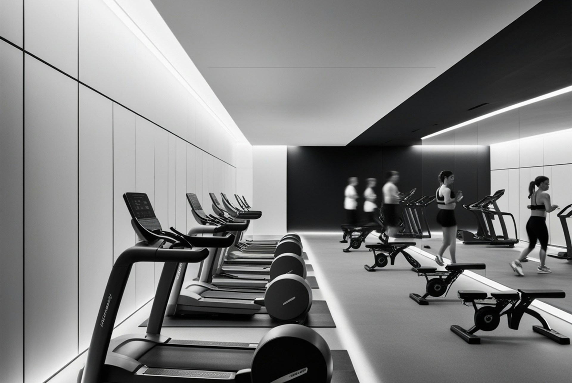 A black and white photo of people in a gym