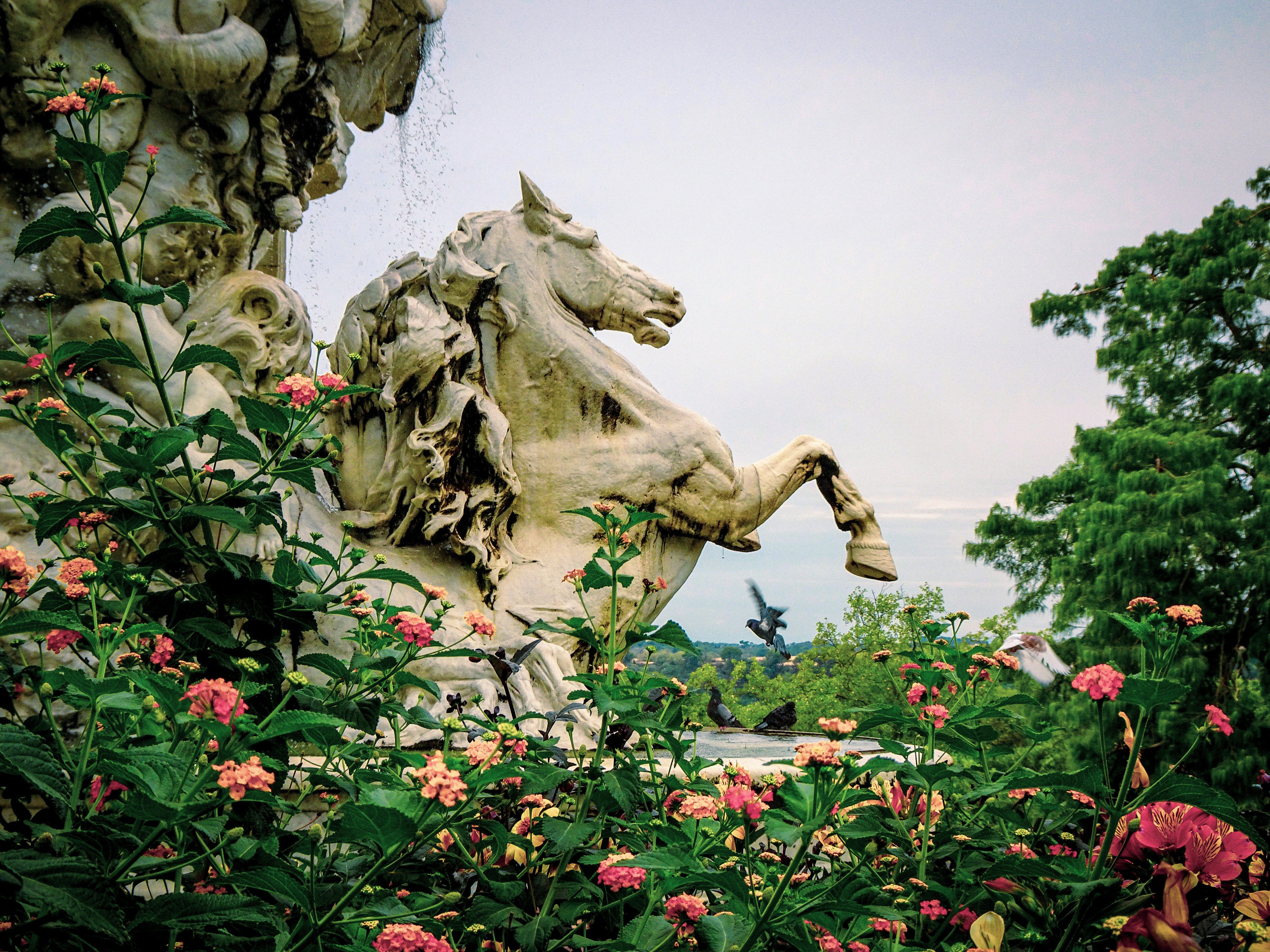 A statue of a horse surrounded by flowers