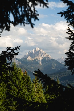 A view of a mountain through some trees