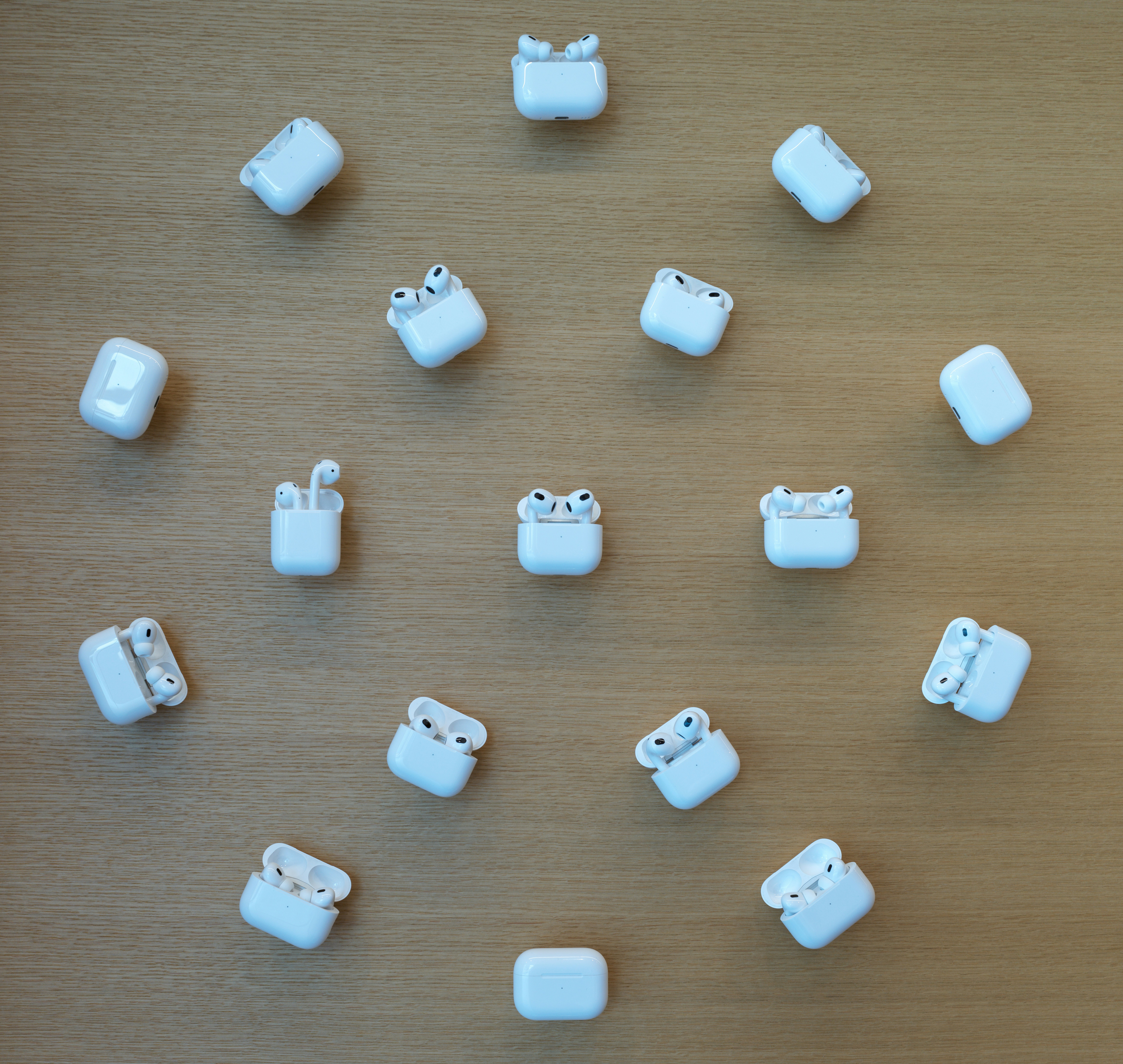 A group of white objects sitting on top of a wooden table