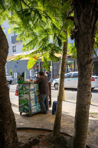 A man standing next to a tree filled with boxes