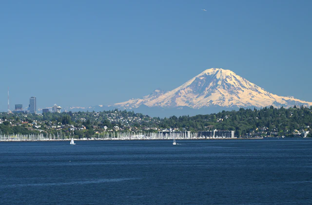 Puget Sound waterfront with Mount Rainier in the distance