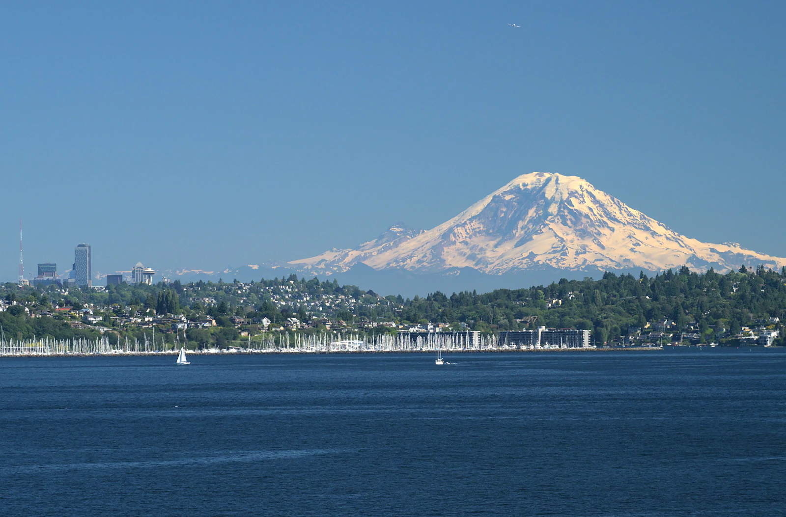 Puget Sound waterfront with Mount Rainier in the distance