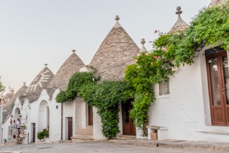 A row of white buildings with ivy growing on them