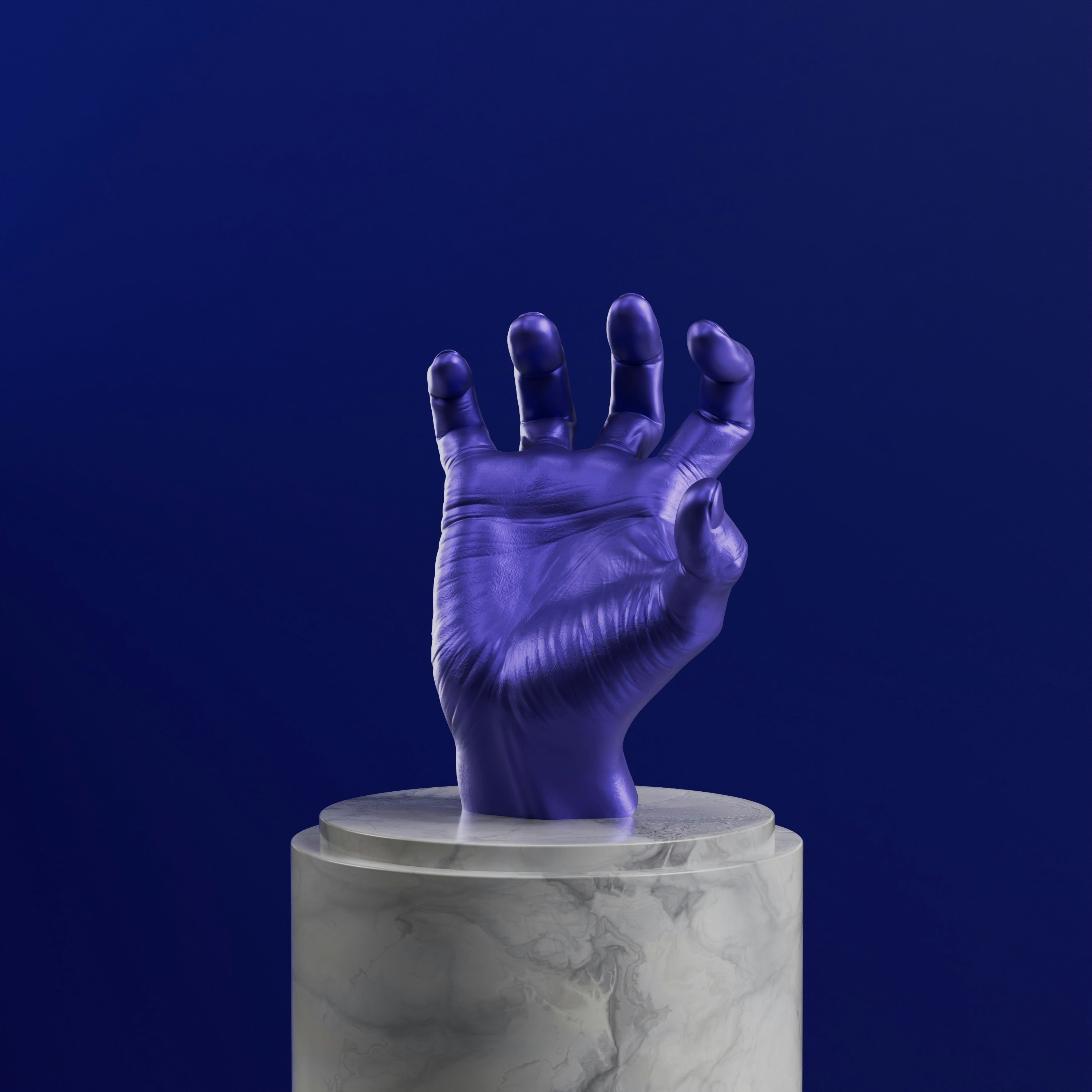 A purple hand sticking out of a marble container