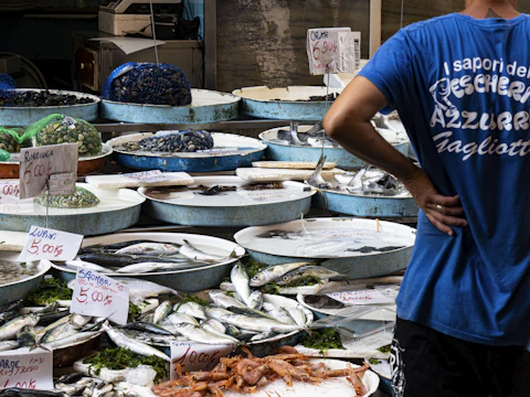 A man standing in front of a pile of fish