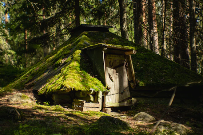 A mossy roof in the middle of a forest