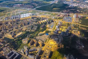 An aerial view of a city with lots of buildings